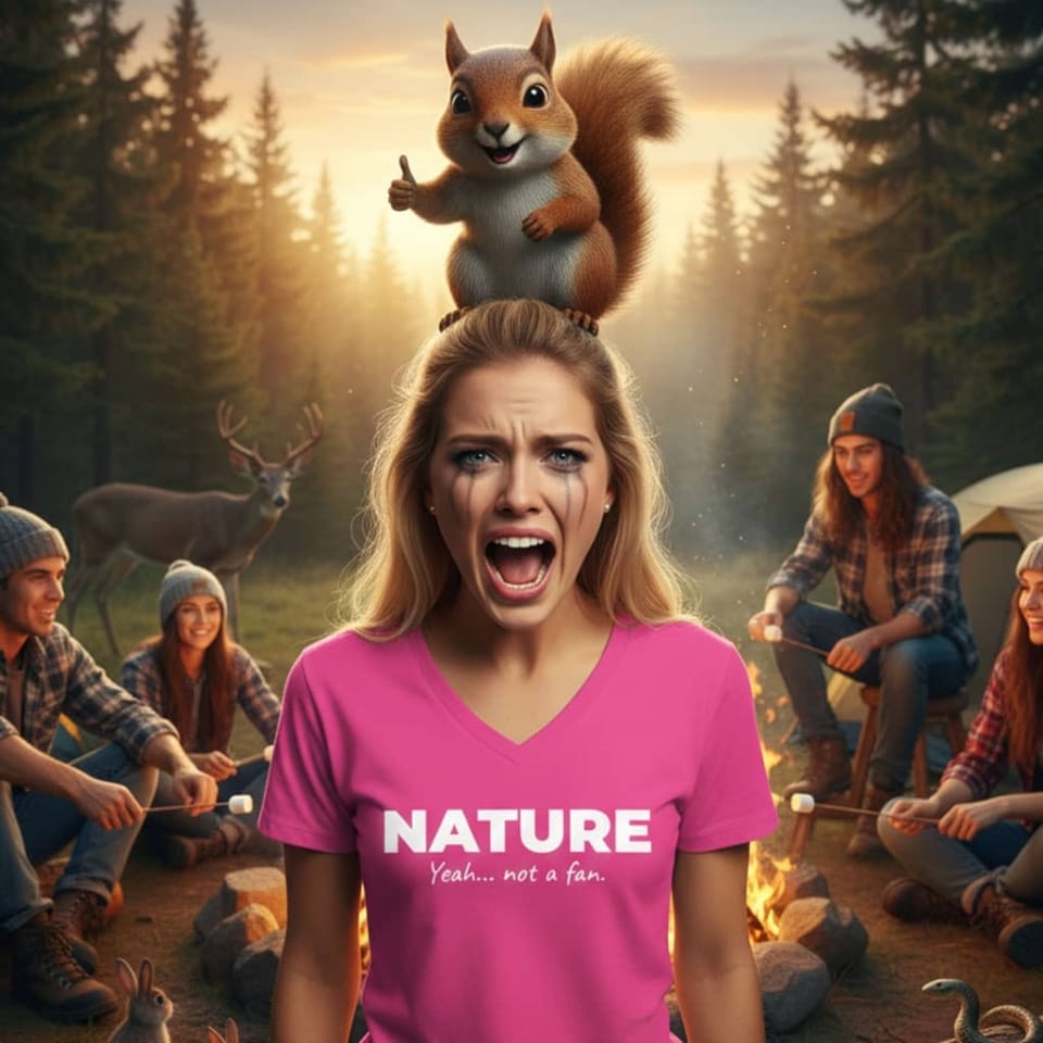 Not A Fan Brand - A woman in a pink shirt that reads "NATURE Yeah… not a fan." screams with a cartoonish squirrel on her head, while people sit around a campfire in a forest.