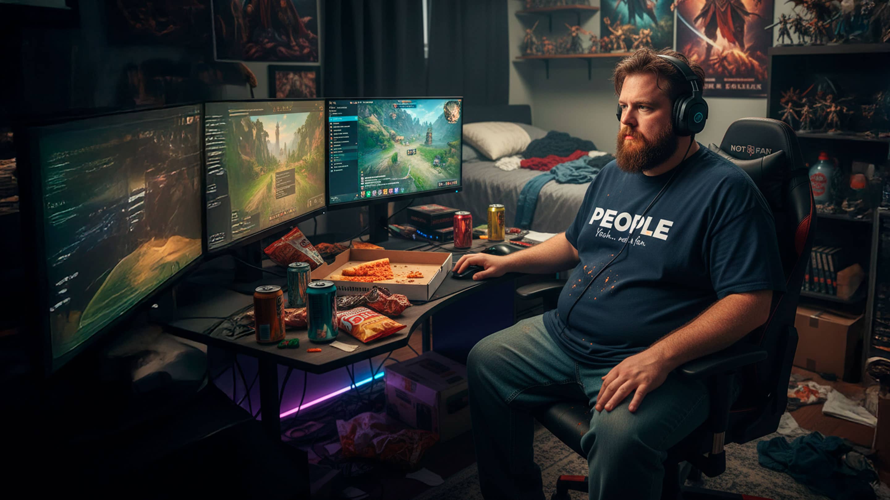 Not A Fan Brand - A man wearing headphones sits at a gaming desk with three monitors, snacks, and drinks. His room is cluttered, with a messy bed, posters, and shelves filled with figurines.
