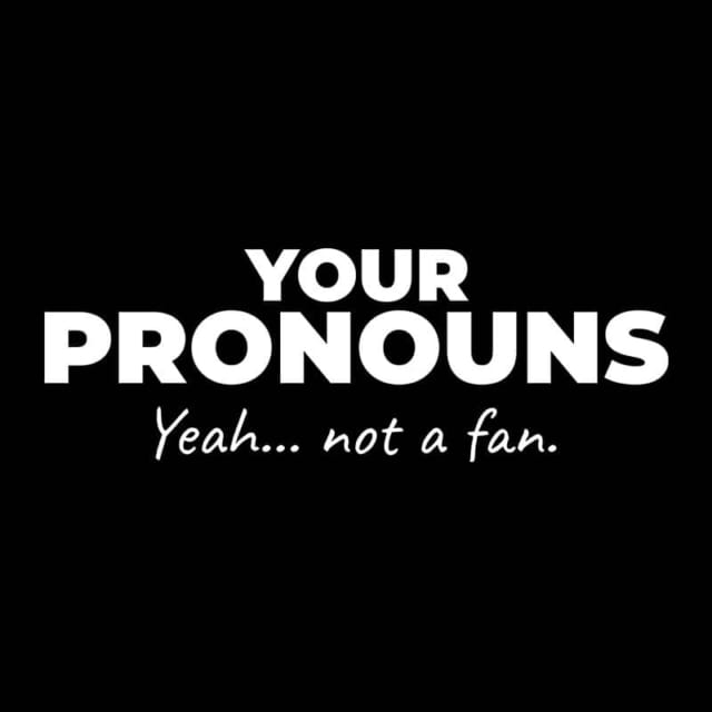 Not A Fan Brand - White text on a black background reads: "YOUR PRONOUNS" in bold, with "Yeah… not a fan." in cursive below.