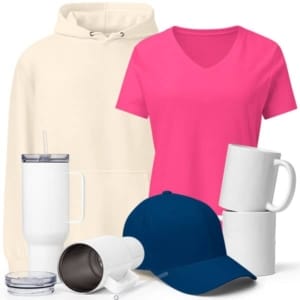 Not A Fan Brand - A group of blank merchandise items, including a hoodie, pink T-shirt, blue cap, cups, mugs, and tumblers, arranged together on a white background.
