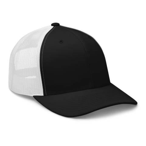Not A Fan Brand - A black and white trucker hat with a black front panel and bill, and a white mesh back.