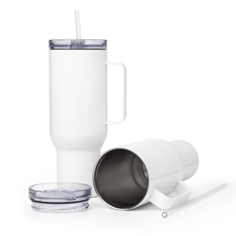 Not A Fan Brand - Two white insulated tumblers with handles, one upright with a lid and straw, the other lying down with its lid and straw placed beside it.