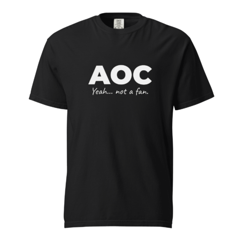 Not A Fan Brand - Black T-shirt with large white text "AOC" and smaller text below that reads "Yeah... not a fan." displayed on a plain background.