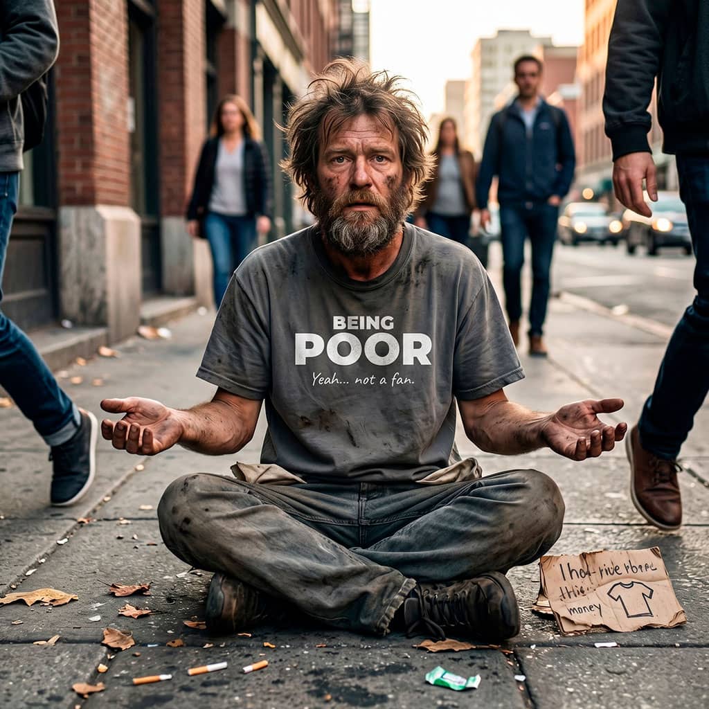 Not A Fan Brand - A man with disheveled hair and a beard sits cross-legged on a city sidewalk, wearing a "Being Poor" T-shirt. People walk by as a cardboard sign and cup lie beside him.