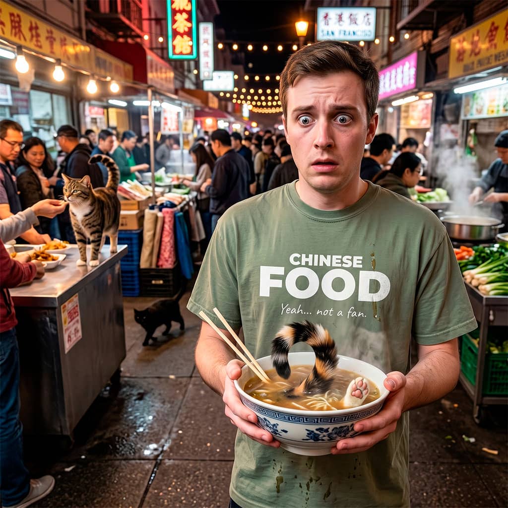 Not A Fan Brand - A man looks surprised while holding a bowl of soup containing a cat's tail, standing in a busy outdoor market at night.