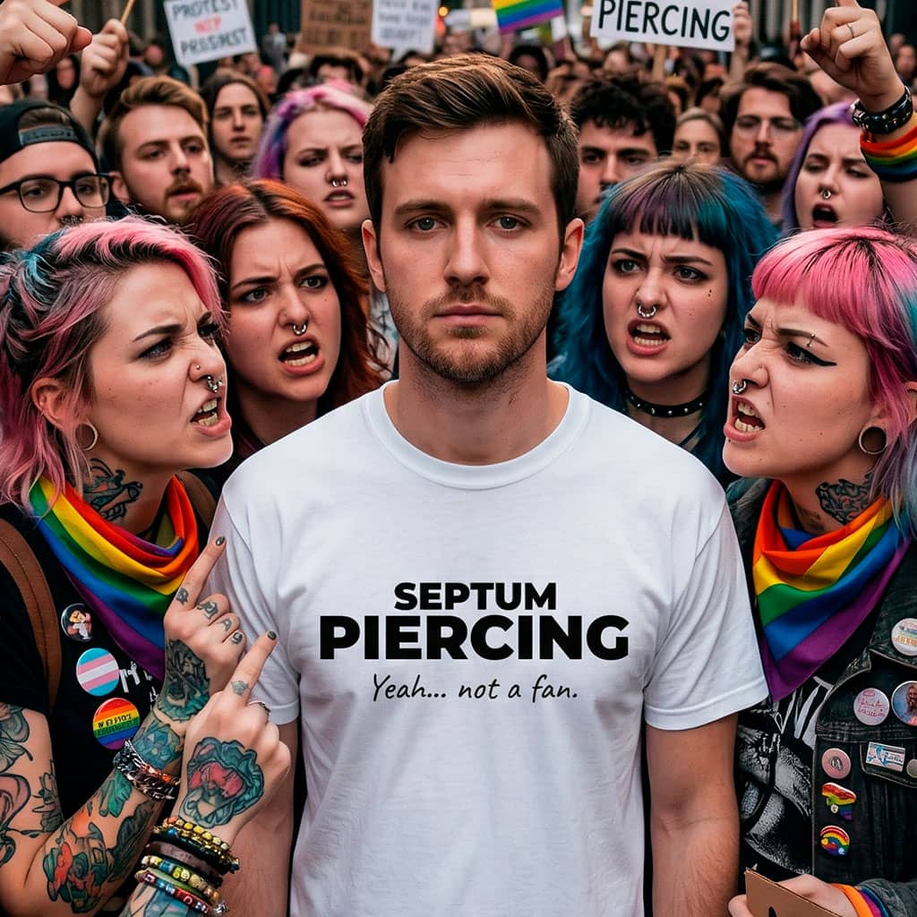 Not A Fan Brand - A man wearing a "Septum Piercing: Yeah... not a fan." shirt stands among a crowd of people with colorful hair and septum piercings, some appearing upset.