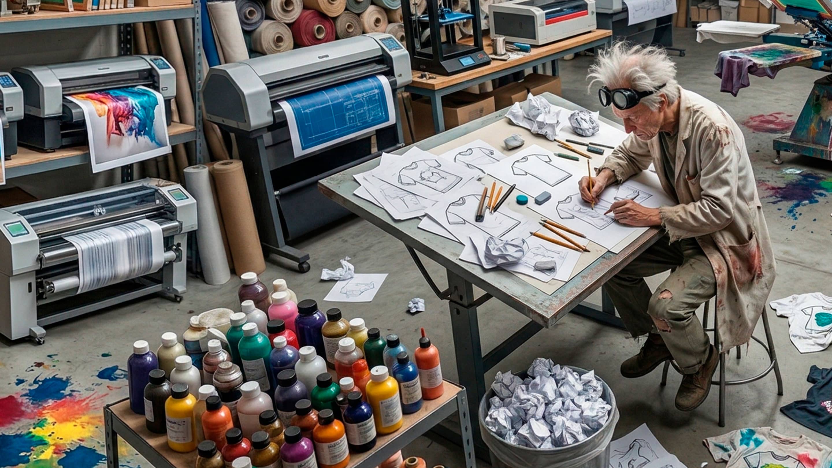 Not A Fan Brand - An older person in a paint-stained lab coat and goggles sketches clothing designs at a cluttered table in an art studio filled with ink bottles, printers, and colorful prints.
