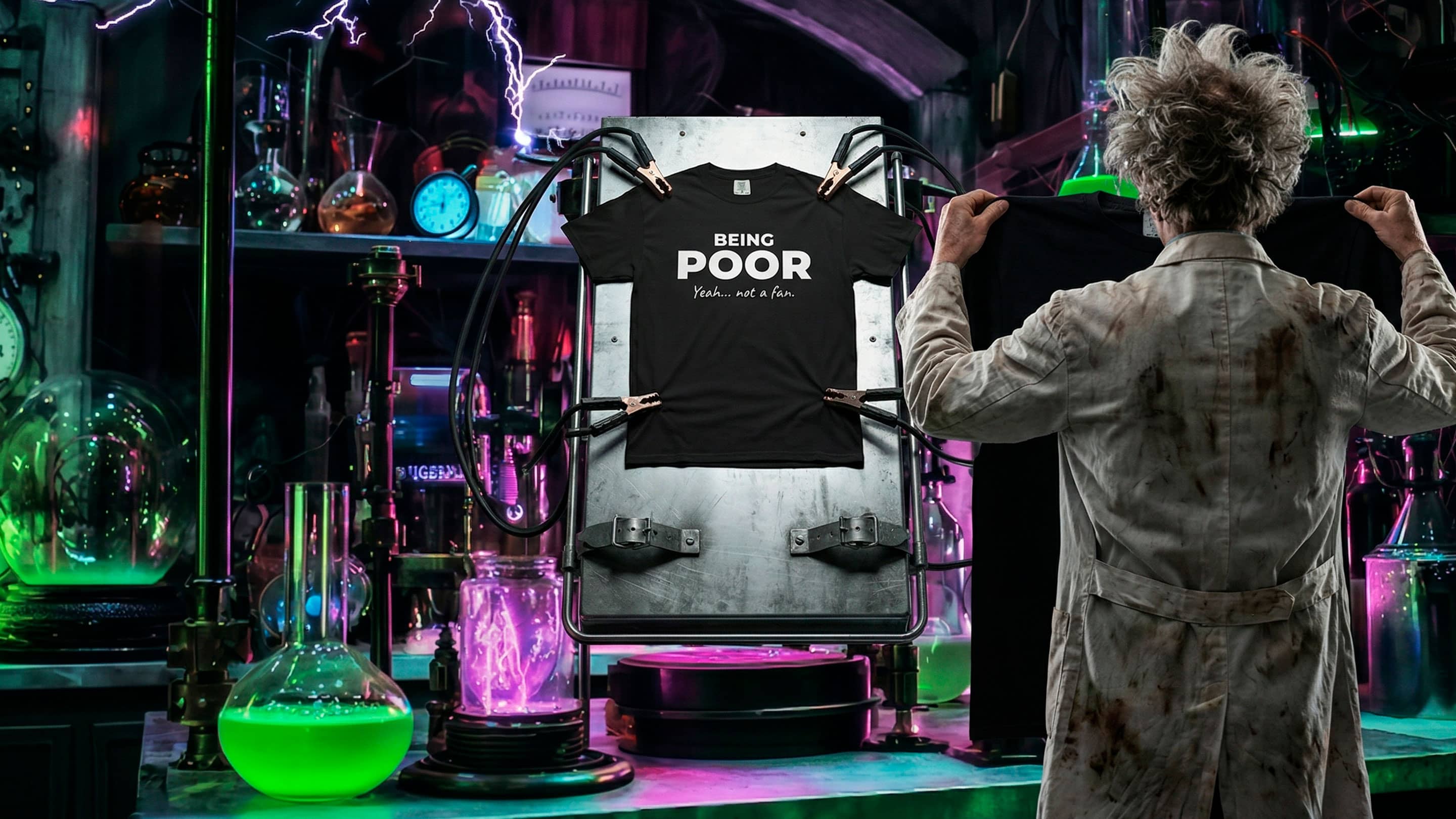 Not A Fan Brand - A person in a lab coat faces a laboratory filled with colorful chemicals, holding a shirt, while another shirt saying “Being Poor is Not a Flex” is displayed on a metal frame.