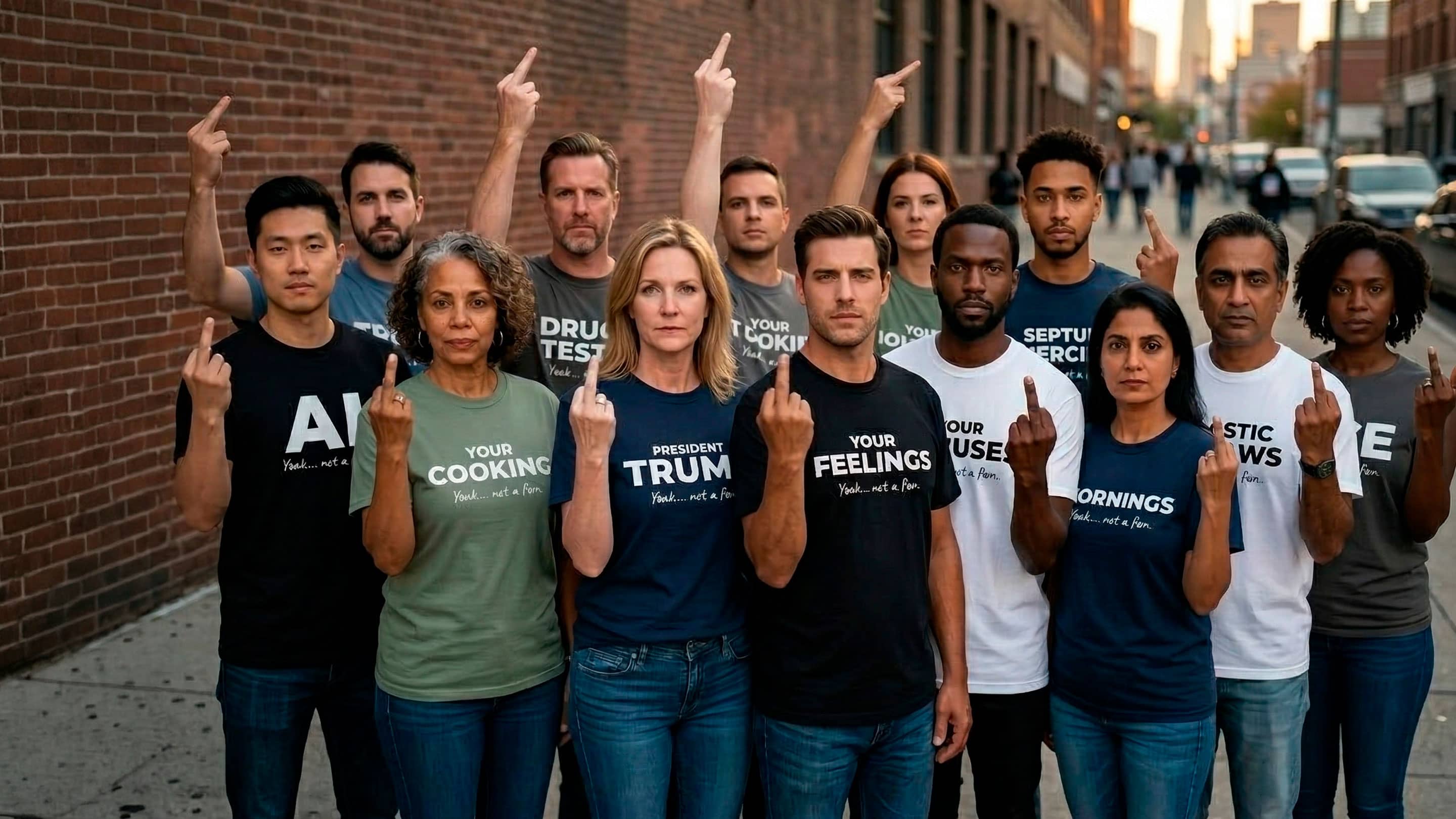 Not A Fan Brand - A diverse group of people stand outdoors in a line, facing the camera, wearing printed T-shirts and raising their middle fingers.
