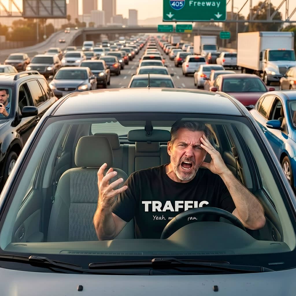 Not A Fan Brand - A frustrated man sits in his car, yelling with his hand on his head, in the middle of heavy freeway traffic during rush hour.