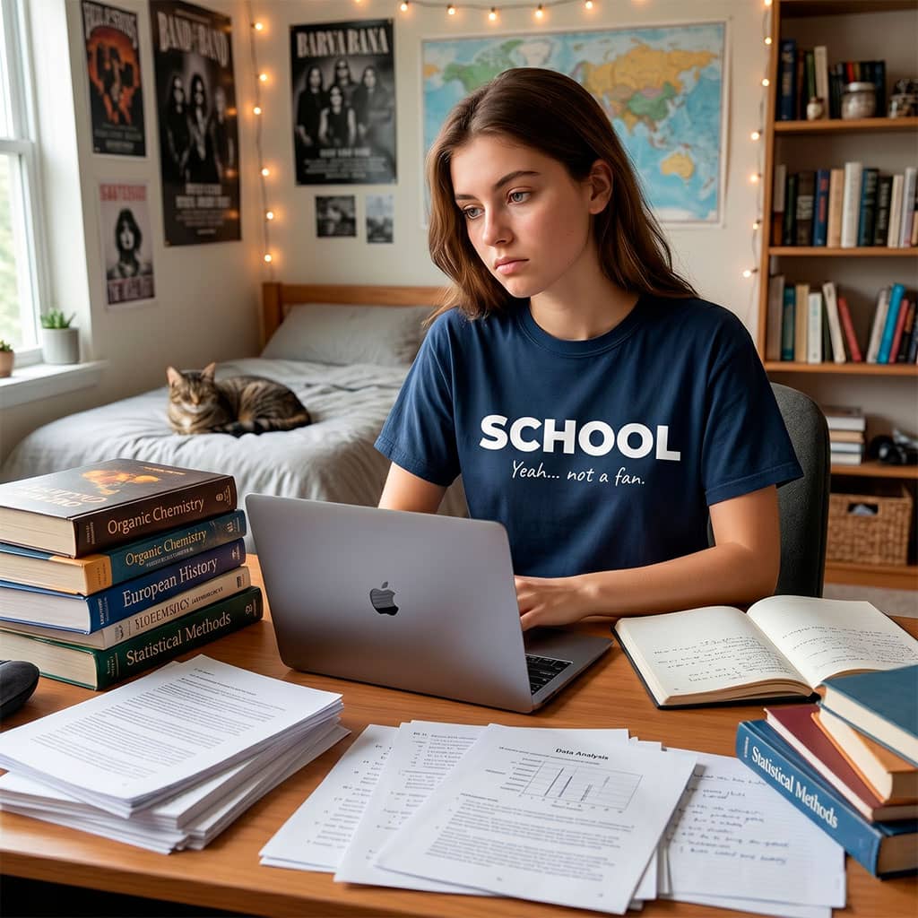 Not A Fan Brand - A young woman studies at a desk with a laptop and textbooks, wearing a shirt that reads “SCHOOL Yeah… not a fan.” A cat lies on the bed in the background.
