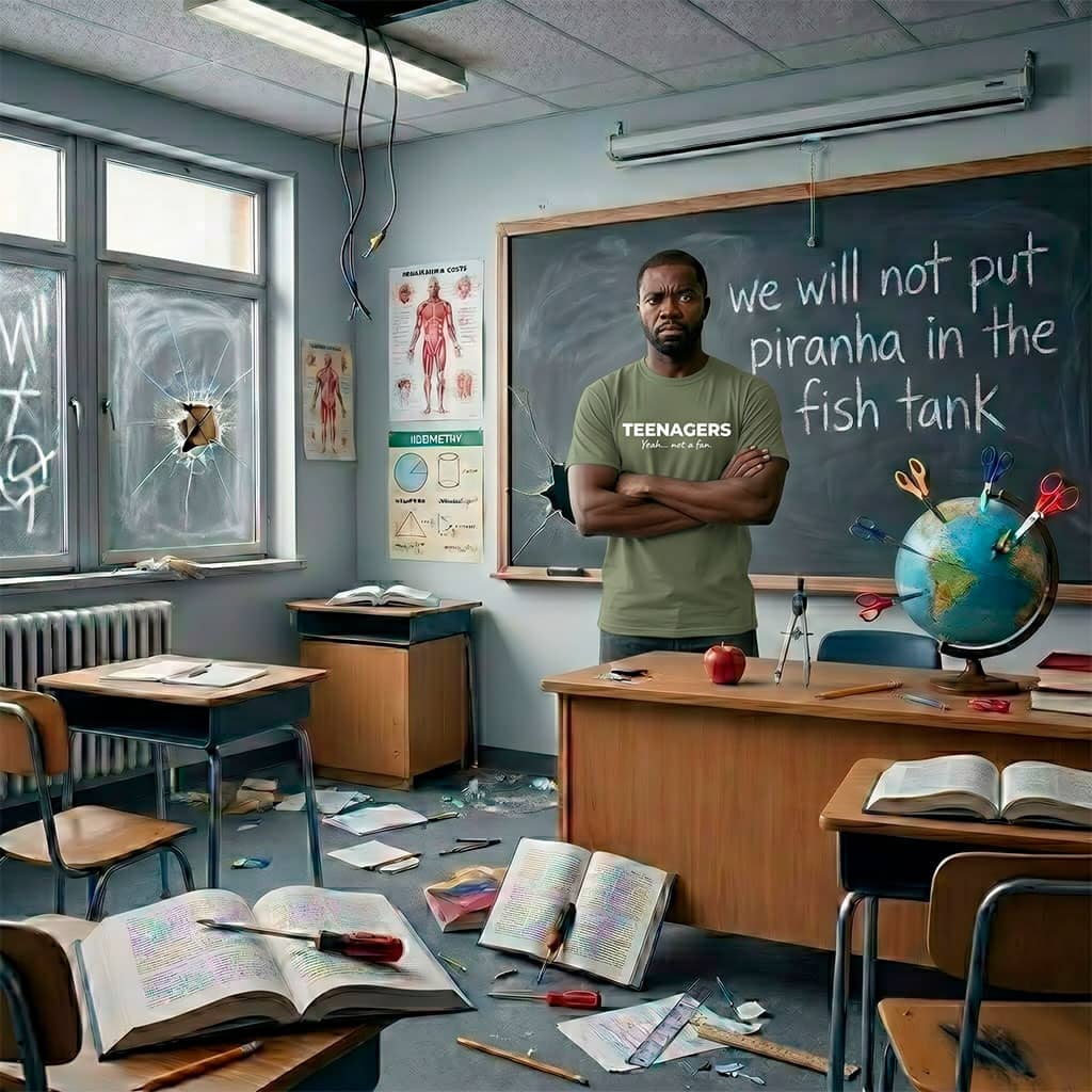 Not A Fan Brand - A teacher stands in a messy classroom with broken windows and scattered books; the blackboard behind him reads, "we will not put piranha in the fish tank.