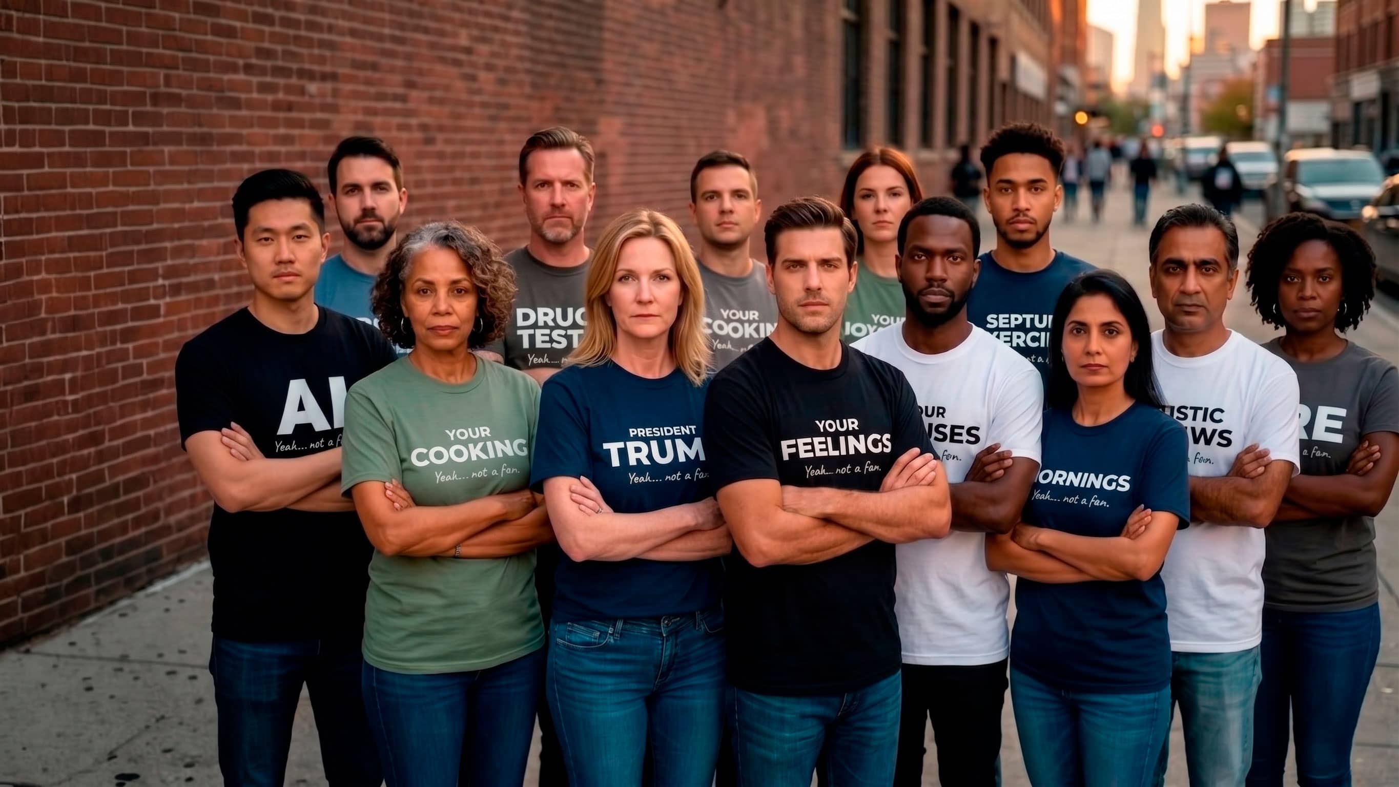 Not A Fan Brand - A diverse group of people stands outdoors against a brick wall, arms crossed, wearing T-shirts with various statements printed on them.